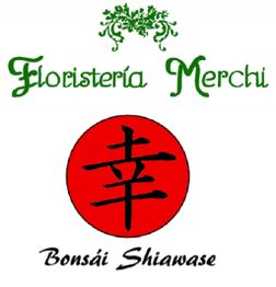 Logotipo con el texto "Floristería Merchi" y "Bonsái Shiawase", con símbolo japonés en un círculo rojo.
