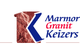 Logo mit rotem Marmor-K im Hintergrund und blauem Schriftzug "Marmor Granit Keizers".