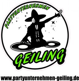 DJ mit Hut und Kopfhörer mixt Musik, Text: "Partyunternehmen Geiling". Webseite unten.