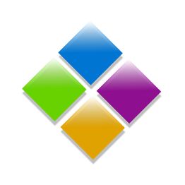 Vier überlappende bunte Rauten: blau, grün, lila und orange, auf weißem Hintergrund.