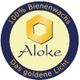 Aloke-Logo mit Hexagon, Text: "100% Bienenwachs, Das goldene Licht."