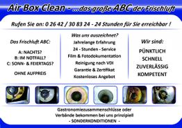 Werbung für Air Box Clean mit Kontaktinfos und Leistungen, darunter Lüftungs- und Reinigungsbilder.