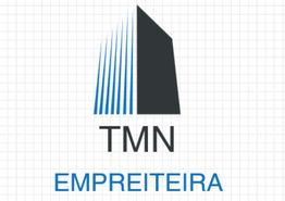 Logotipo com prédio estilizado e texto "TMN Empreiteira" em preto e azul, fundo quadriculado.