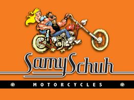 Desenho de duas pessoas em uma motocicleta com o texto "Samy Schuh Motorcycles" ao fundo laranja.