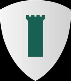 Ein weißes Wappen mit einem grünen Turm in der Mitte.