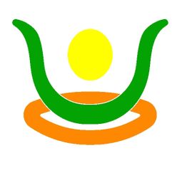 Grünes U mit gelbem Kreis darüber, oranger ovaler Ring darunter auf weißem Hintergrund.