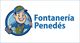 Logo de "Fontanería Penedés" con un personaje de fontanero sonriente con herramientas.