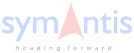 Das Logo von "Symantis" mit Slogan "heading forward" und einem roten Pfeil als "A".