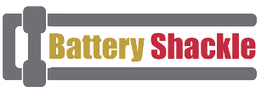 Logo of Battery Shackle with a stylized gray shackle design to the left of the text.