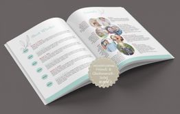 Offenes Magazin mit Bildern und Texten, Titel "Friends & Glückwunsch". Thema: Hochzeit.