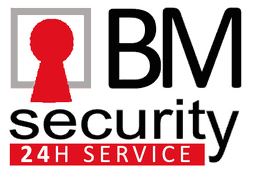 Logo di BM Security, con chiave rossa e scritta "24H Service" su sfondo bianco.