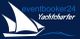 Logo mit weißem Segelboot, Text "eventbooker24 Yachtcharter" auf blauem Hintergrund.