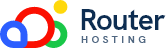 Logo mit bunten Kreisen und Schriftzug "Router Hosting" in Blau, begleitet durch einen kleinen gelben Punkt.