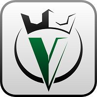 Logo con una "V" verde y corona negra sobre fondo gris claro.