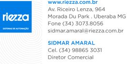 Cartão de visita da Riezza Sistemas de Automação, com contato de Sidmar Amaral, Diretor Comercial.