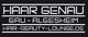 Text in Weiß auf schwarzem Hintergrund: "Haar Genau, Gau-Algesheim, hair-beauty-lounge.de".