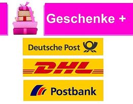 Geschenke und Logos: Deutsche Post, DHL, Postbank auf gelbem Hintergrund mit Geschenken oben links.