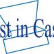 Logo van "Just in Case" met blauwe dooslijntekening.