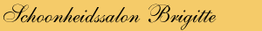 Tekst op gele achtergrond: "Schoonheidssalon Brigitte" in sierlijke letters.