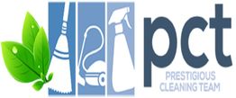 Logo with leaves, cleaning tools, and text "pct Prestigious Cleaning Team".