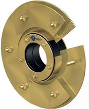 Goldenes Maschinenteil mit schwarzem Mittelring und mehreren Schrauben.