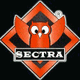 Rotes Eulenlogo mit der Aufschrift "SECTRA" in einem rautenförmigen Rahmen.