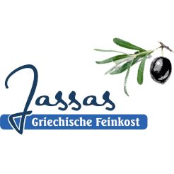 Logo mit Schriftzug "Jassas Griechische Feinkost" und einem Olivenzweig.