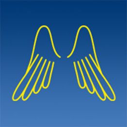 Gelbe Engelsflügel auf blauem Hintergrund.