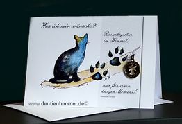 Karte mit gemalter Katze und Vögeln auf Ast, Text auf der Karte: "Was ich mir wünsche?".