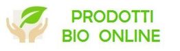Foglia verde tra mani con testo: "PRODOTTI BIO ONLINE" in verde.