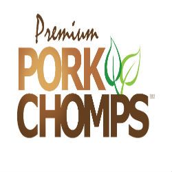 "Premium Pork Chomps logo with stylized green leaves on a white background."