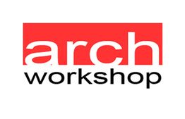 Logo con scritta "arch workshop" su sfondo rosso e bianco.