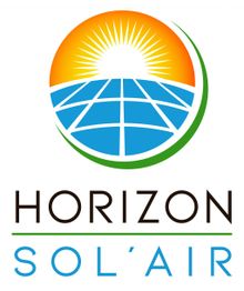 Logo avec soleil levant sur panneaux solaires et texte "Horizon Sol'Air" en dessous.