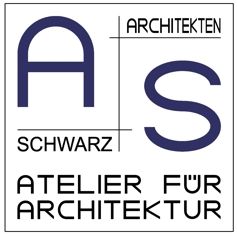 Logo: Text "AS Schwarz Architekten, Atelier für Architektur" in blauem und schwarzem Design.