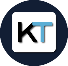 Logo avec les lettres "KT" en noir et bleu sur fond blanc, cercle bleu foncé.