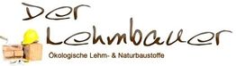 Logo "Der Lehmbauer" mit gelbem Bauhelm und Ziegeln; Text: "Ökologische Lehm- & Naturbaustoffe".