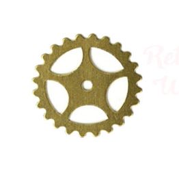 A brass-colored, cogwheel with a circular design and teeth around the edge.