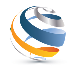 Eine bunte, spiralförmige Kugel mit Bändern in Blau, Gelb und Orange auf weißem Hintergrund.