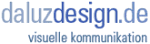 Textlogo: "daluzdesign.de" und darunter "visuelle kommunikation" in blauer Schrift.