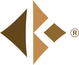 Logotipo geométrico marrón y dorado con símbolo de marca registrada a la derecha.