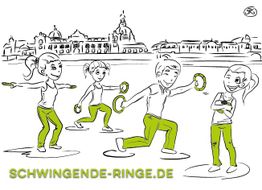Personen trainieren mit schwingenden Ringen vor einer Stadtkulisse. Text: "SCHWINGENDE-RINGE.DE".