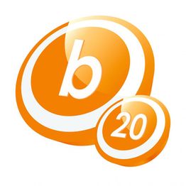 Orange-weiße Logos mit "b" und "20" in Kreisform auf weißem Hintergrund.