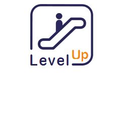 Logo mit Piktogramm einer Rolltreppe und Text "Level Up" in Blau und Orange.
