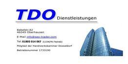 Geschäftsdetails von TDO Dienstleistungen mit Kontaktinformationen und Bild eines modernen Gebäudes.