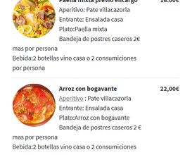 Imagen de menú con paella mixta y arroz con bogavante, precios y bebidas incluidas.