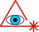 Rotes Dreieck mit Auge in der Mitte, Laserstrahlen symbolisiert durch Linie und Stern.