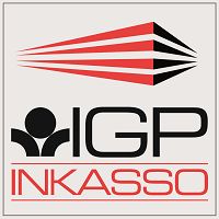 Logo mit Schriftzug "IGP Inkasso" in Schwarz und Rot, abstraktes Design darüber.