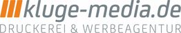 Logo von kluge-media.de, einer Druckerei und Werbeagentur, mit orangenen Streifen.