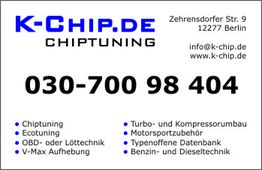 K-Chip.de Visitenkarte mit Kontaktinfo und Leistungen wie Chiptuning und Benzintechnik.