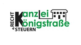 Logo mit Text: "Recht Kanzlei Königstraße Steuern", grüner Text, stilisiertes Haus.